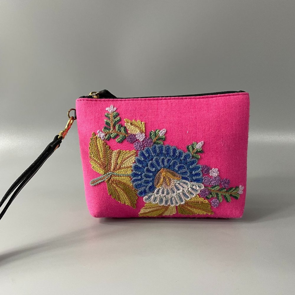 Clever Carriage Company  Pink Cotton Embroidered Wristlet